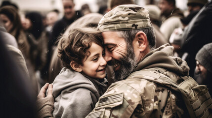 Happies moment for a small child when the father returns from duty as a soldier , happy reunited in a hug, a joyful dance of love and relief, filling the air with uncontained happiness. Generative AI - obrazy, fototapety, plakaty