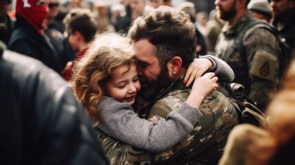 Happies moment for a small child when the father returns from duty as a soldier , happy reunited in a hug, a joyful dance of love and relief, filling the air with uncontained happiness. Generative AI - obrazy, fototapety, plakaty