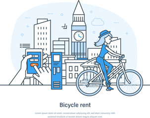 Bicycle rent, people using automated sharing system for rent vehicles and paid. City bicycle rental service, urban ride hire mobile application. Girl riding bike thin line design of vector doodles