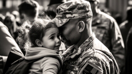 Fototapeta na wymiar Happies moment for a small child when the father returns from duty as a soldier , happy reunited in a hug, a joyful dance of love and relief, filling the air with uncontained happiness. Generative AI