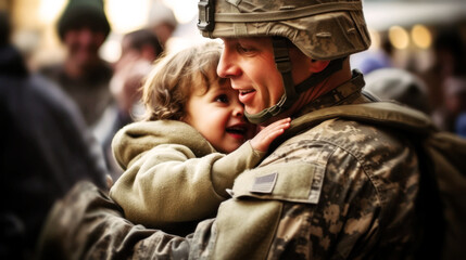 Happies moment for a small child when the father returns from duty as a soldier , happy reunited in a hug, a joyful dance of love and relief, filling the air with uncontained happiness. Generative AI