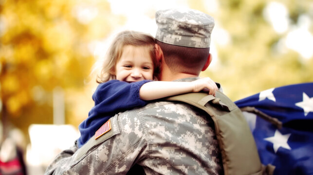 Happies moment for a small child when the father returns from duty as a soldier , happy reunited in a hug, a joyful dance of love and relief, filling the air with uncontained happiness. Generative AI