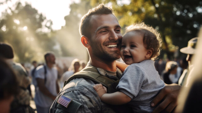 Happies moment for a small child when the father returns from duty as a soldier , happy reunited in a hug, a joyful dance of love and relief, filling the air with uncontained happiness. Generative AI