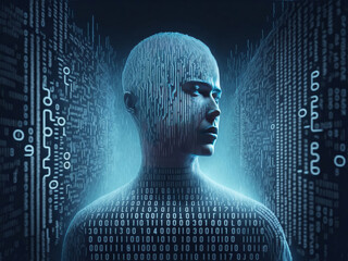 Obraz premium binary code technology, artificial intelligent, illustration of human created with binary code, digital modern presentation background, Generative AI