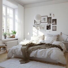 White and Neutral Scandinavian Bedroom. Generative AI