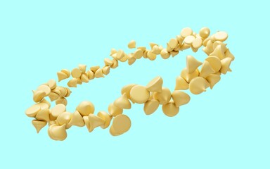 Render of white chocolate chips arranged in a circular pattern on a blue background