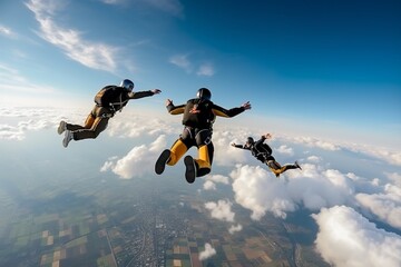 Fototapeta na wymiar Formation skydiving. Skydivers are falling in the sky - Generative AI
