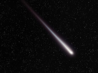 Fototapeta na wymiar Meteor streaking in the sky. Huge fireball at night. A meteorite of striking brightness and length.