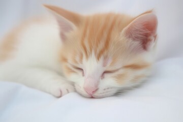 Fototapeta na wymiar cute ginger kitten sleeping on white bed linen