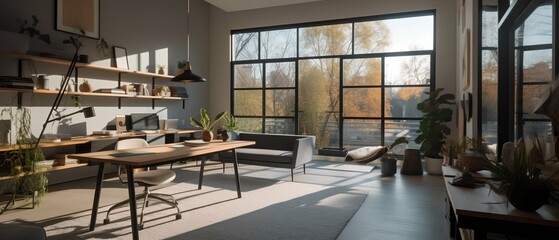 Obraz na płótnie Canvas Modern sunny home workplace interior with natural materials