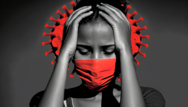 COVID-19 Coronavirus symptoms, A woman has a headache, Generative AI