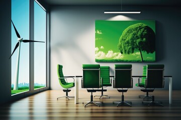 Modern conference room interior with green screen and wind turbines