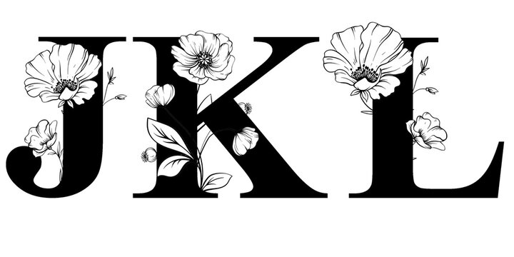 Graphic Floral Alphabet Set - letters J, K, L with black & white flowers bouquet composition. Unique collection for wedding invites decoration, logo design, and many other creative concepts.