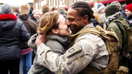 In the gentle glow of dusk, a woman's joyous laughter rings out, echoing in the vast expanse as her soldier husband returns. Their embrace, an intimate dance of love and relief. Generative AI