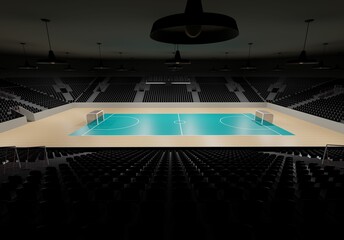 3d rendering of a futsal pavilion, indoors sports stadium with empty seats all around the court