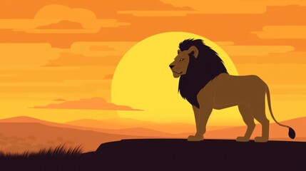 A lion standing on top of a hill at sunset. Generative AI image.