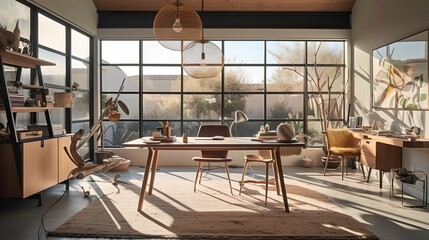 Modern sunny home workplace interior with natural materials