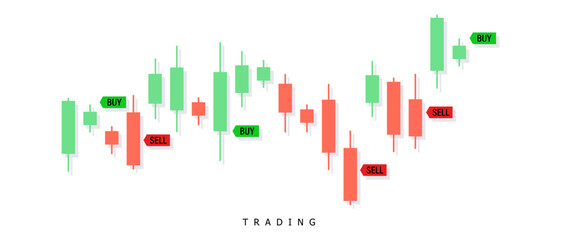 Trading chart illustration with candles on white background. Rise and fall graph. Banner for advertising, website and application. Vector EPS 10