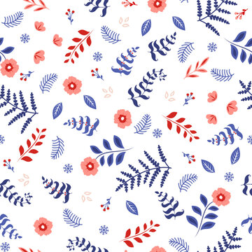 Hand-drawn floral winter seamless pattern with Christmas tree branches, berries and flowers.
