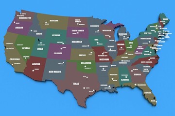 3D rendering of USA map with state names on a blue background
