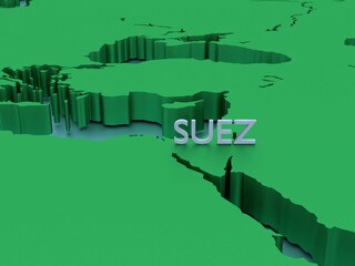 3D rendering of a map of Middle East in green focused on Suez