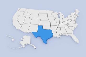 3D rendering of a map of the USA, Texas, isolated on a bright blue background
