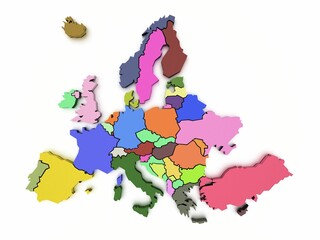 3d rendering of a map of Europe in bright colors