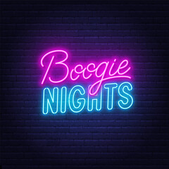 Boogie Night neon lettering on brick wall background.