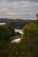 Obraz premium Vertical shot of a river flowing through green trees under a cloudy sky at sunset
