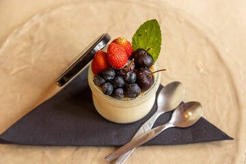 Closeup shot of panna cotta top with fresh fruits