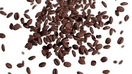Coffee beans are falling on a white background. Roasted cocoa Beans. 3d render