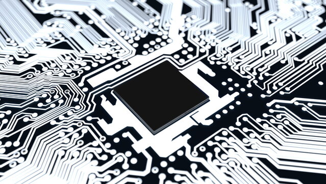 Computer chip processor on the motherboard, textolite, black and white. 3d render