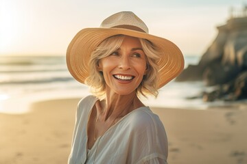 AI generated image of happy mature woman at the beach - 605311778