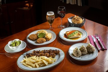 Homemade breakfast table with vegetable cutlets, french fries and other delicious food