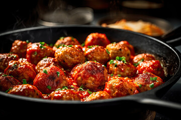 Meatballs in tomato sauce with herbs in iron pan on wooden table. Ai generative