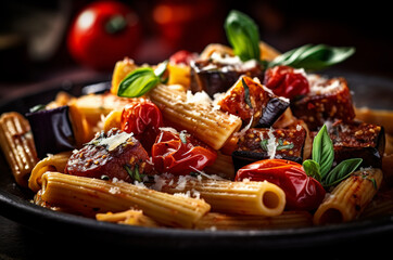 Delicious Penne pasta with fried eggplants, tomatoes, and cheese. Authentic Italian flavors showcased in a visually appealing dish. Generative AI. - obrazy, fototapety, plakaty