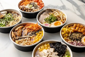 Delicious poke bowls served on the marble table