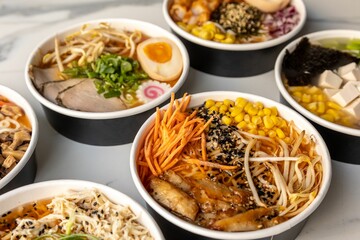 Delicious poke bowls served on the marble table