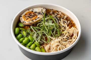 Delicious ramen bowl with beans and an egg served on the marble table
