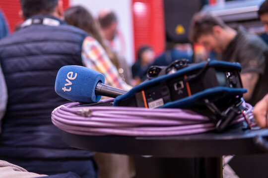 Microphone from Spanish public tv channel tve and streaming devices ready to broadcast a live event for the news program