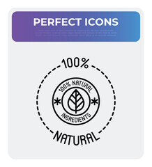 100 percent natural ingredients symbol. Thin line icon for package of organic product. Modern vector illustration.