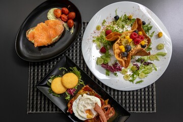 Closeup of delicious served food on a table in a restaurant