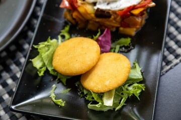 Closeup of delicious served food on a table in a restaurant