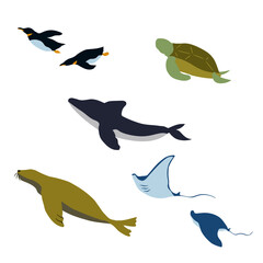 Fototapeta premium 水族館で暮らす生き物のイラストセット