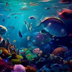 Naklejka na ściany i meble underwater coral reef landscape super wide banner background in the deep blue ocean with colorful fish and marine life. with Generative Ai