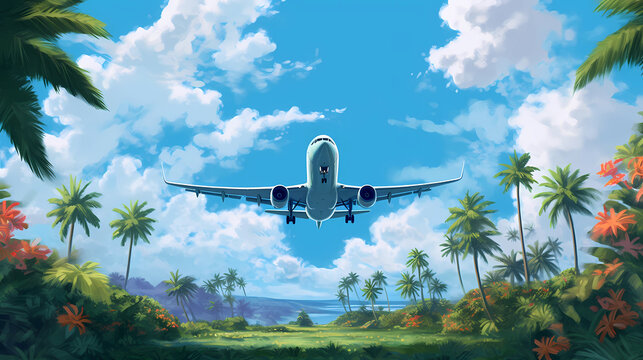 Illustration of an airplane flying to the island of Hawaii, USA