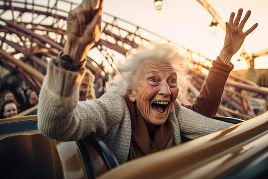 AI generated image of old happy woman on rollercoaster Generative AI