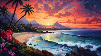 Illustration of a beautiful view of Hawaii, USA - obrazy, fototapety, plakaty