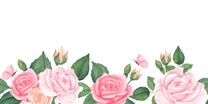 watercolor pink peach roses with leaves and butterfly. Border, banner, invitation