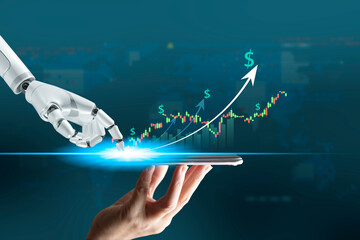 Robot trading concept. Robot hand represents use of artificial intelligence in trading stocks....